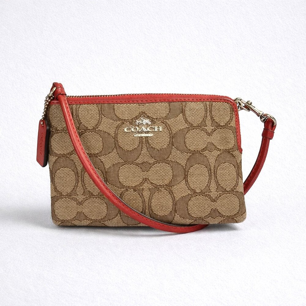 Coach Signature Canvas Wristlet Khaki Miami Red Zip Pouch Mini Bag F1580 EUC - Picture 4 of 8